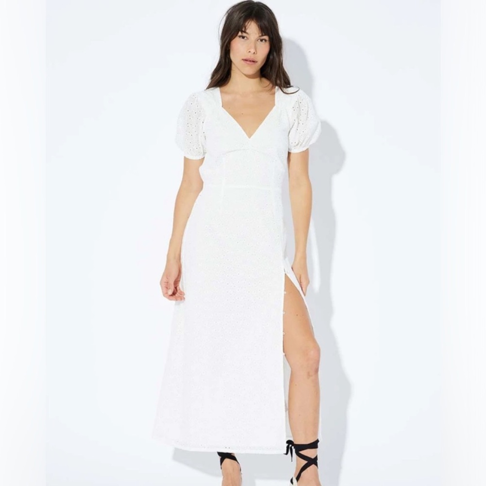 MINKPINK White Eyelet Midi Dress with Puff Sleeves